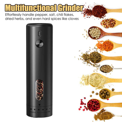 Black rechargeable electric pepper grinder with control knob and clear container window