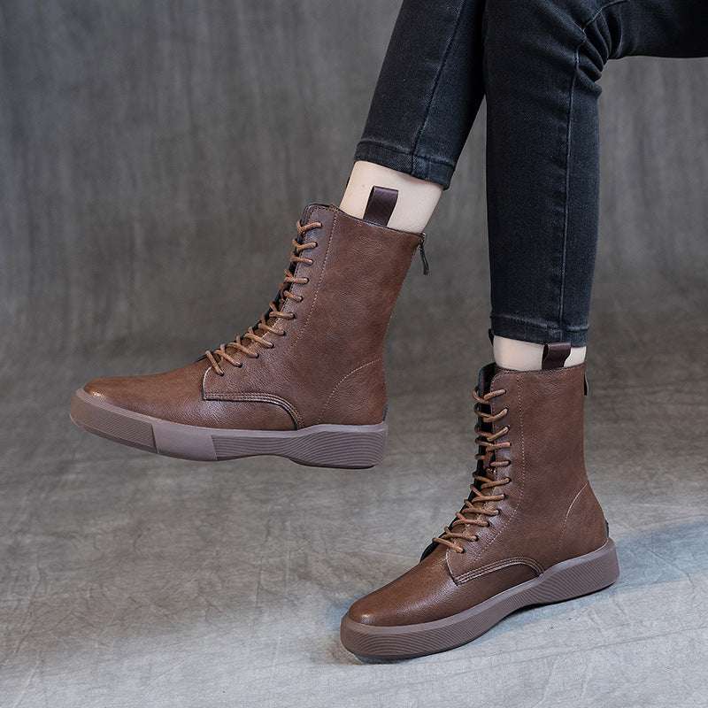 Retro Flat Heel Low Leather Boots - Soft Sole & Lace-Up Flat Heel Retro Low Leather Boots Soft B | Ectron Online