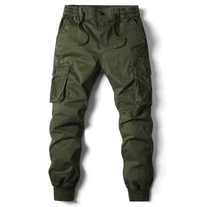Multi-pocket skinny working pants, olive green with elastic waist and cargo side pockets