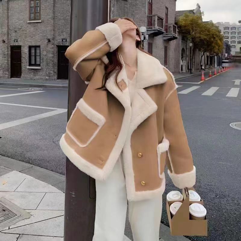 Women's Korean Suede Motorcycle Clothing Berber Fleece Coat

