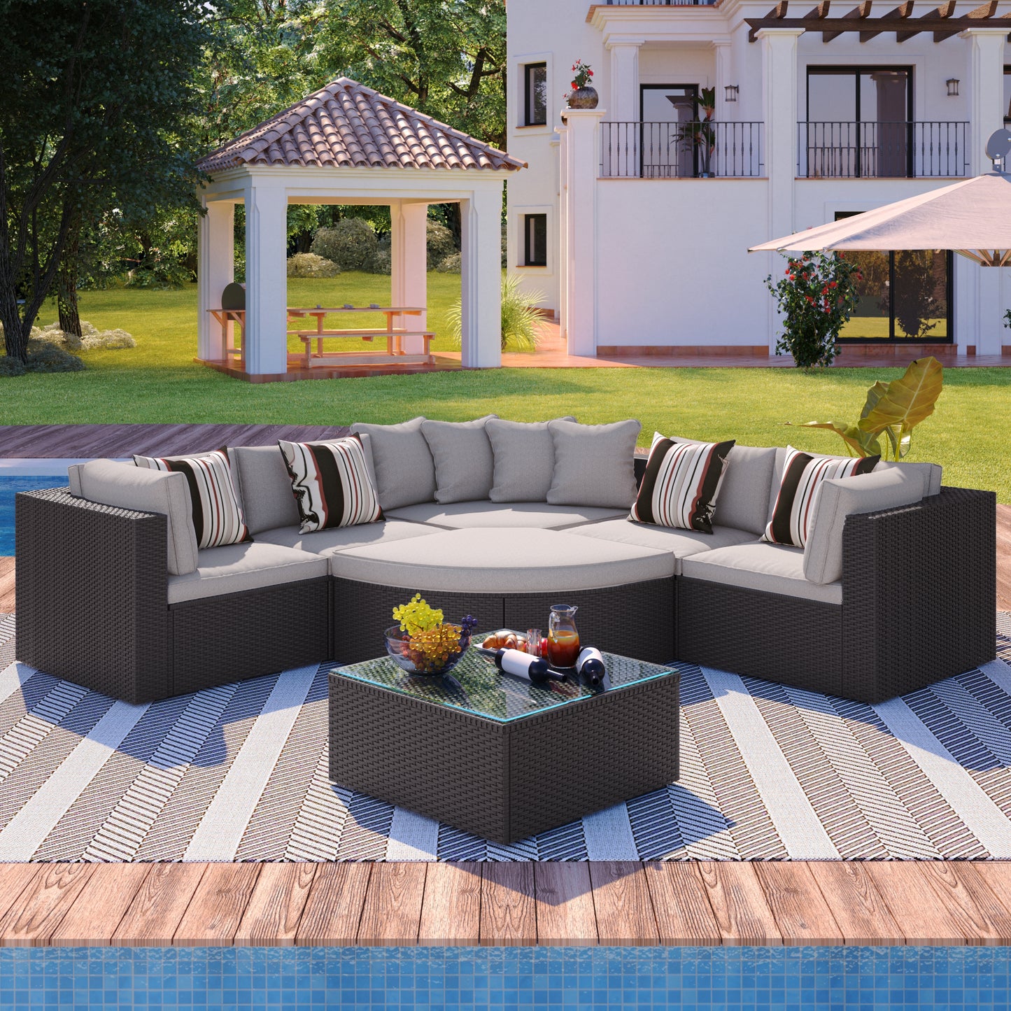 7-Piece Outdoor Wicker Sofa Set - Brown Rattan Patio Conversation Set