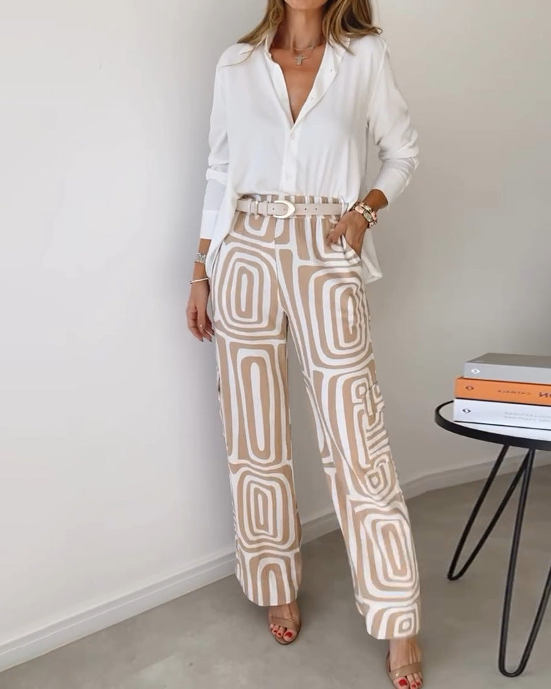 Women's Casual Long-sleeved Lapel Shirt Printed Wide-leg Pants Suit Women's Casual Long-sleeved Lapel Shirt | Ectron Online