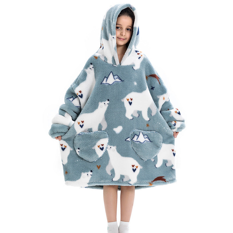 Kids' oversized thermal sweatshirt with light blue bear print and heart motifs, hooded