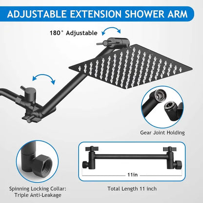 Matte black adjustable shower arm with round rain head and extension