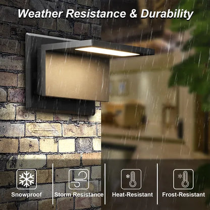 Black modern outdoor wall sconce with illuminated rectangular panel and rain overlay