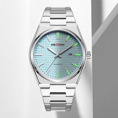 Men's steel strap wristwatch with light blue textured dial and green accent markers