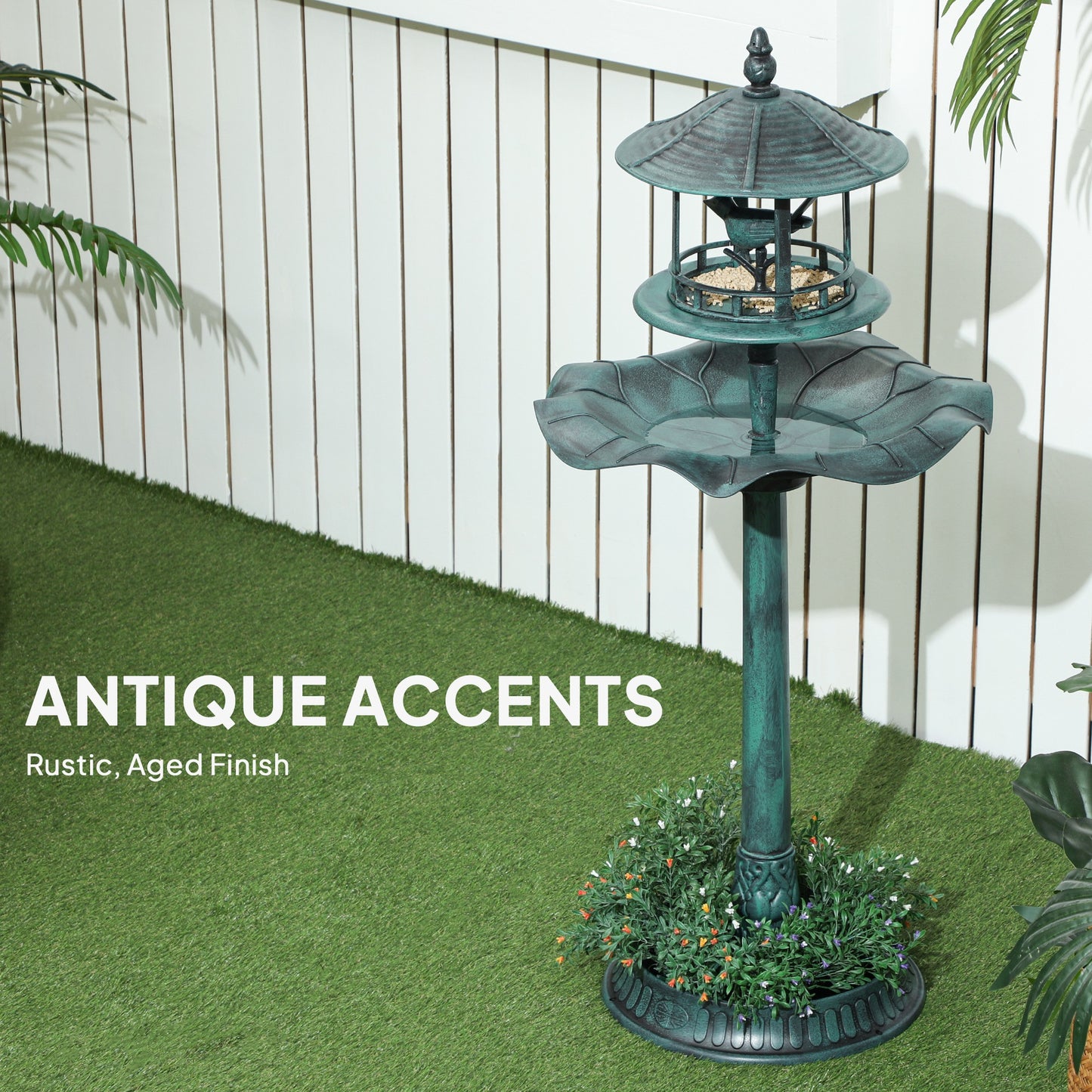 Antique green 3-in-1 bird bath and feeder with flower planter, outdoor standing view