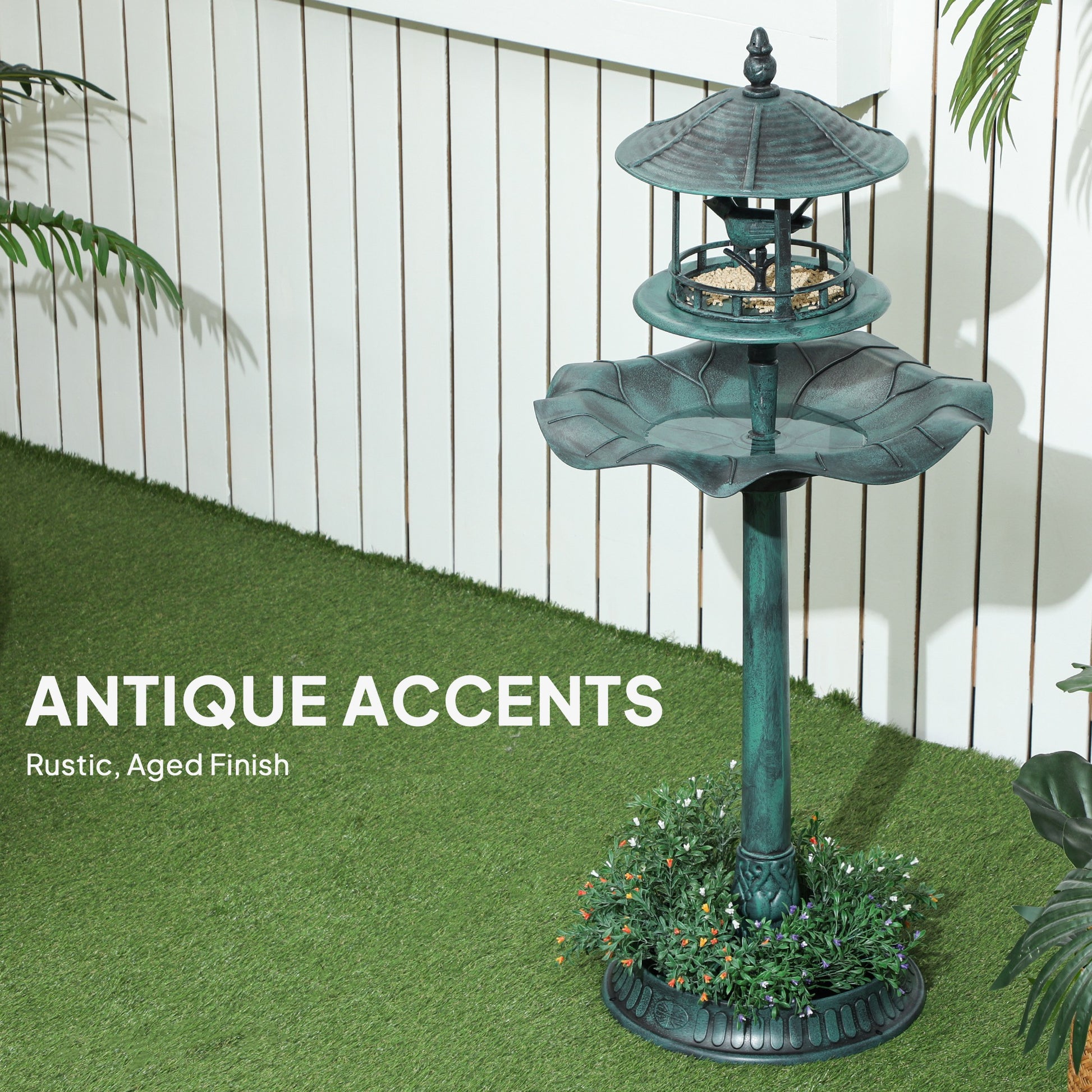 Antique green 3-in-1 bird bath and feeder with flower planter, outdoor standing view