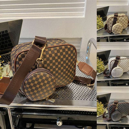 Brown patterned shell crossbody bag with long strap and round front pouch