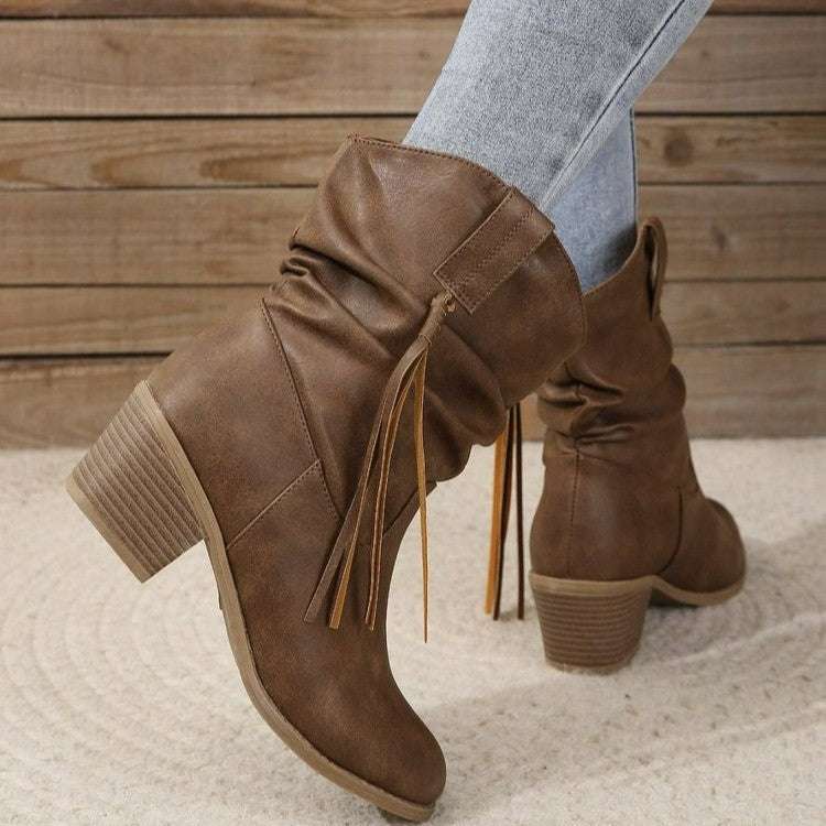 Retro Tassel Boots Winter Thick Square Heel Mid-calf Knight Retro Tassel Boots Winter Thick Square H | Ectron Online