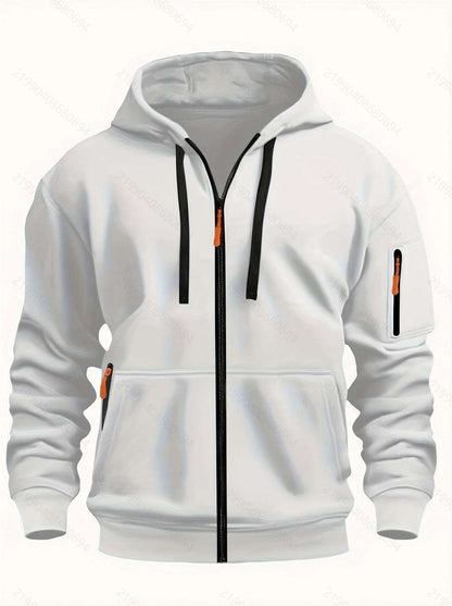 Men's zip-up hooded sweatshirt in white with drawstring hood and zip pocket sleeve