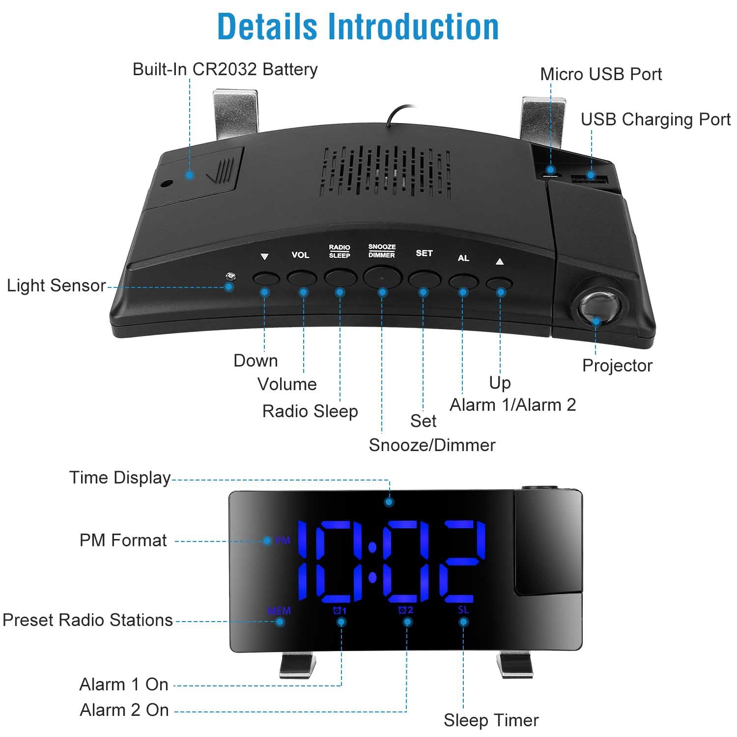 Projection Alarm Clock with Radio | 180° Rotatable LED Digital Clock