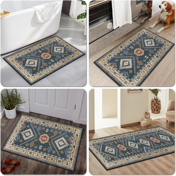 Set of boho kitchen rugs in dark blue with medallion motifs and patterned border