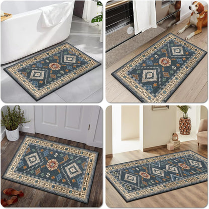 Set of boho kitchen rugs in dark blue with medallion motifs and patterned border