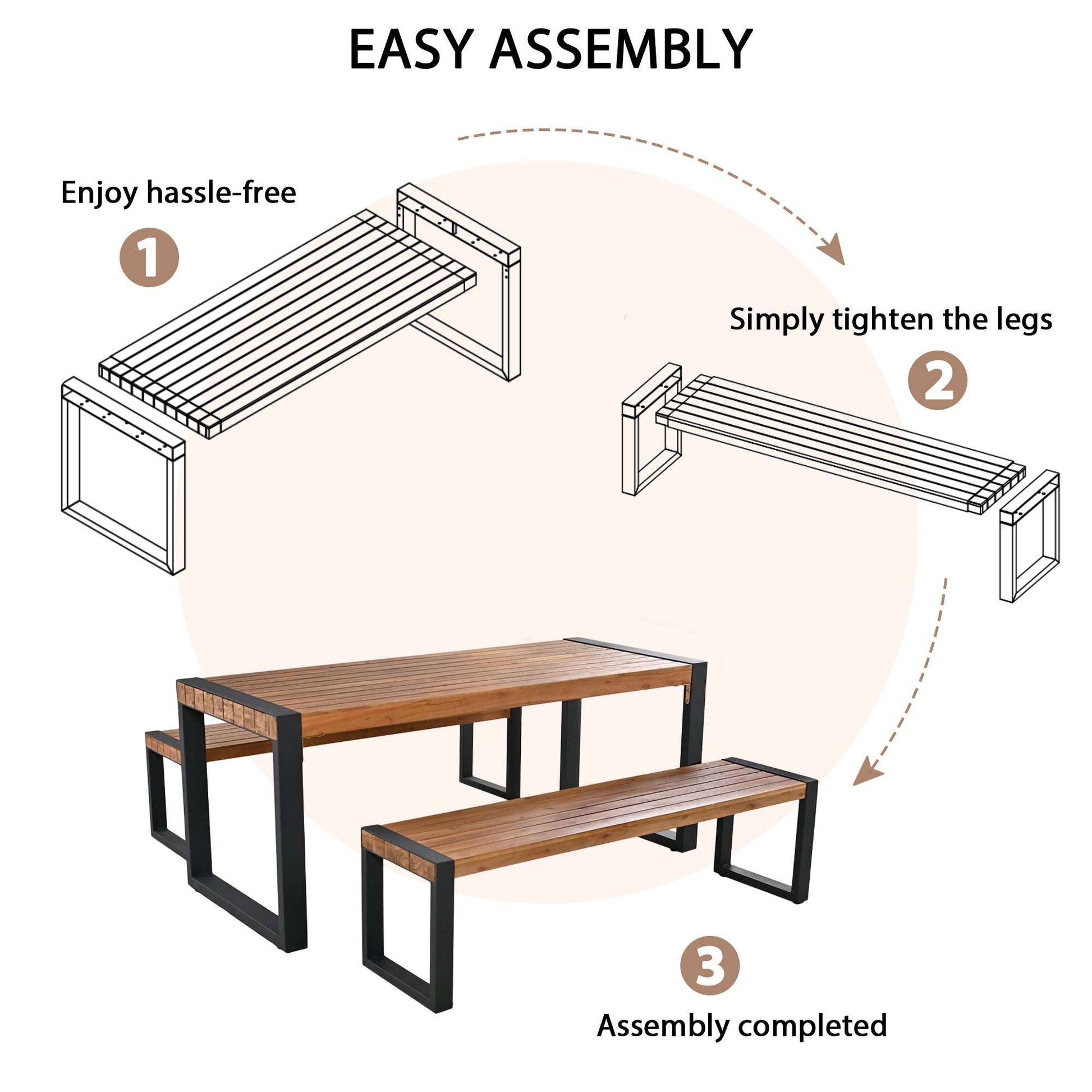 3-piece outdoor dining set assembly diagram with table and two benches with legs