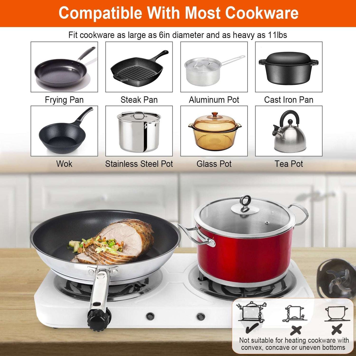 Electric double burner hot plate stove with red pot and black skillet on white cooktop