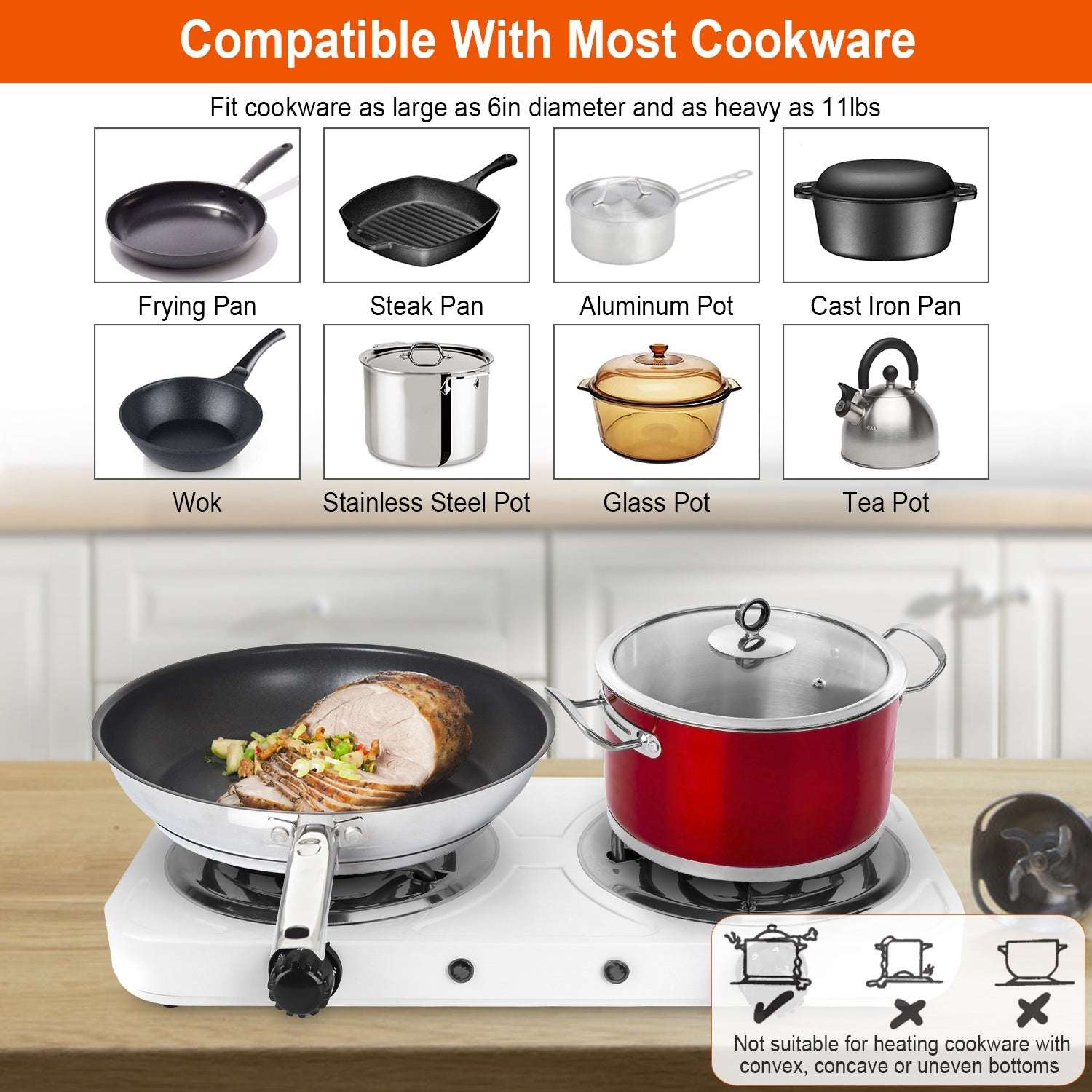 Electric double burner hot plate stove with red pot and black skillet on white cooktop