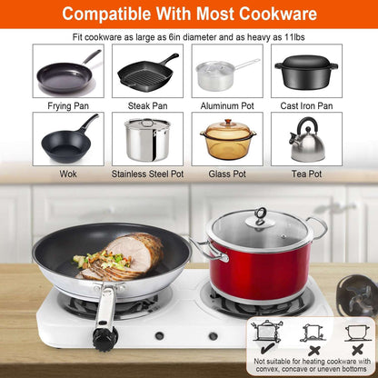 Electric double burner hot plate stove with red pot and black skillet on white cooktop