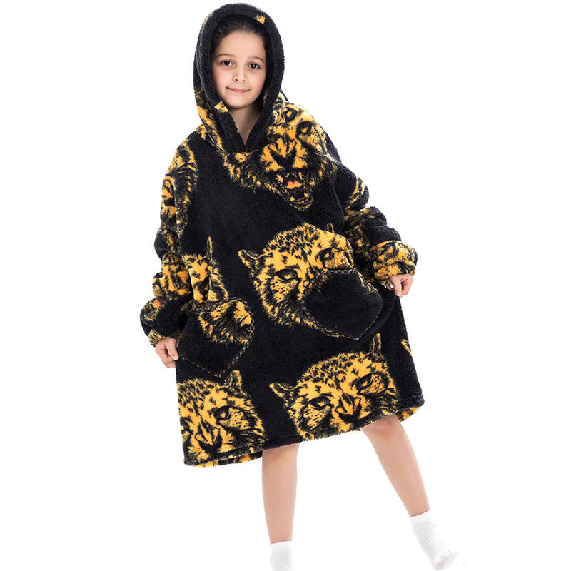 Kids' oversized thermal sweatshirt, black with yellow tiger face print, hooded