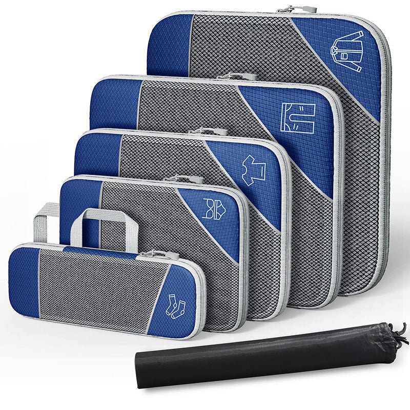 Luggage organizer set with zip compression bags and shoe bag, navy blue and gray set