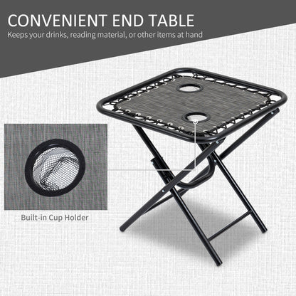 Grey mesh side table with black metal X-frame and circular cup holder