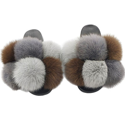 Fox Fur Ball Slippers For Outer Wear