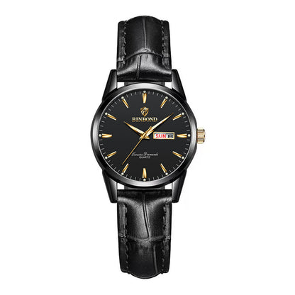 Men's quartz watch with black case, black dial, black leather strap and day date display