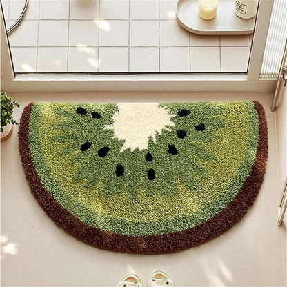 Kiwi fruit bath mat, green semicircle with white center and black seeds, brown border