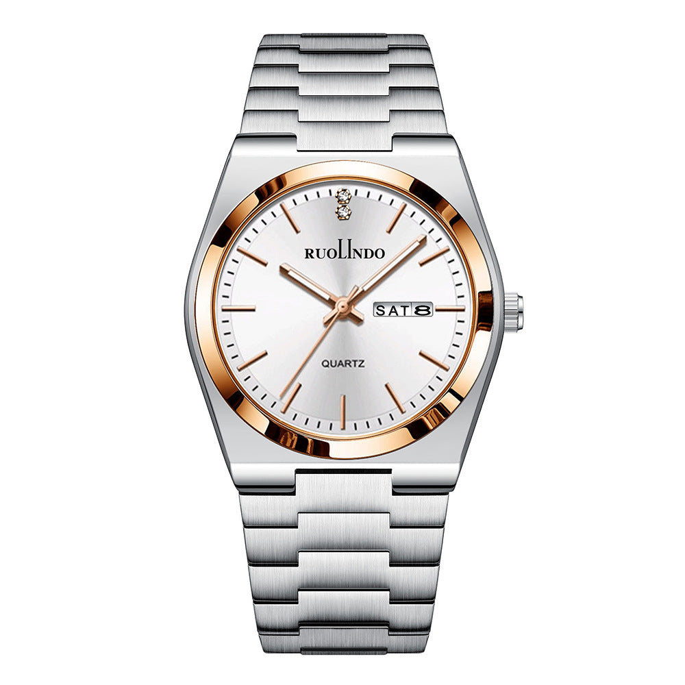 Stainless steel men's luminous watch with white dial and gold-toned bezel, metal bracelet