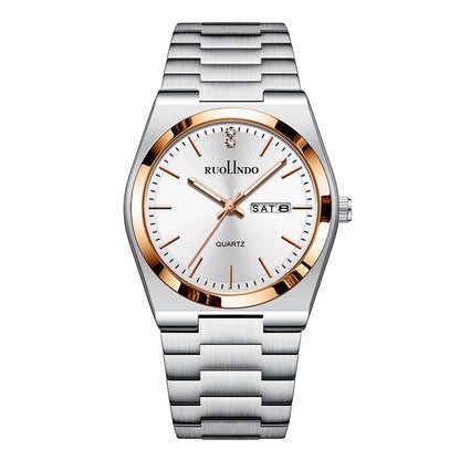 Stainless steel men's luminous watch with white dial and gold-toned bezel, metal bracelet