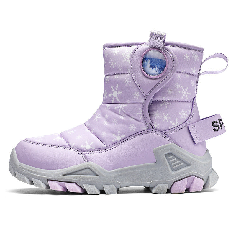 Girls winter snow boots, light purple with snowflake print, thick gray sole
