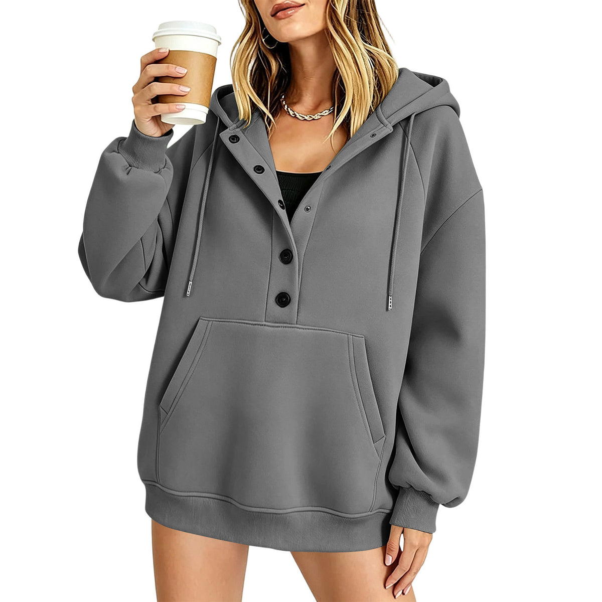 Women's gray hooded sweatshirt with button front, long sleeves, front kangaroo pocket