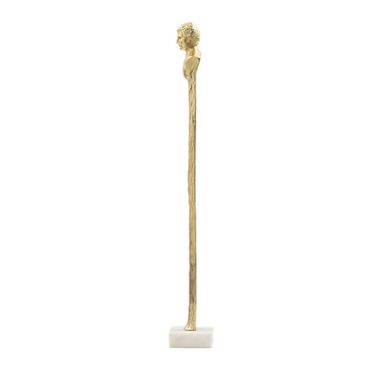 Gold Roman statue decor with white marble base, side view from front