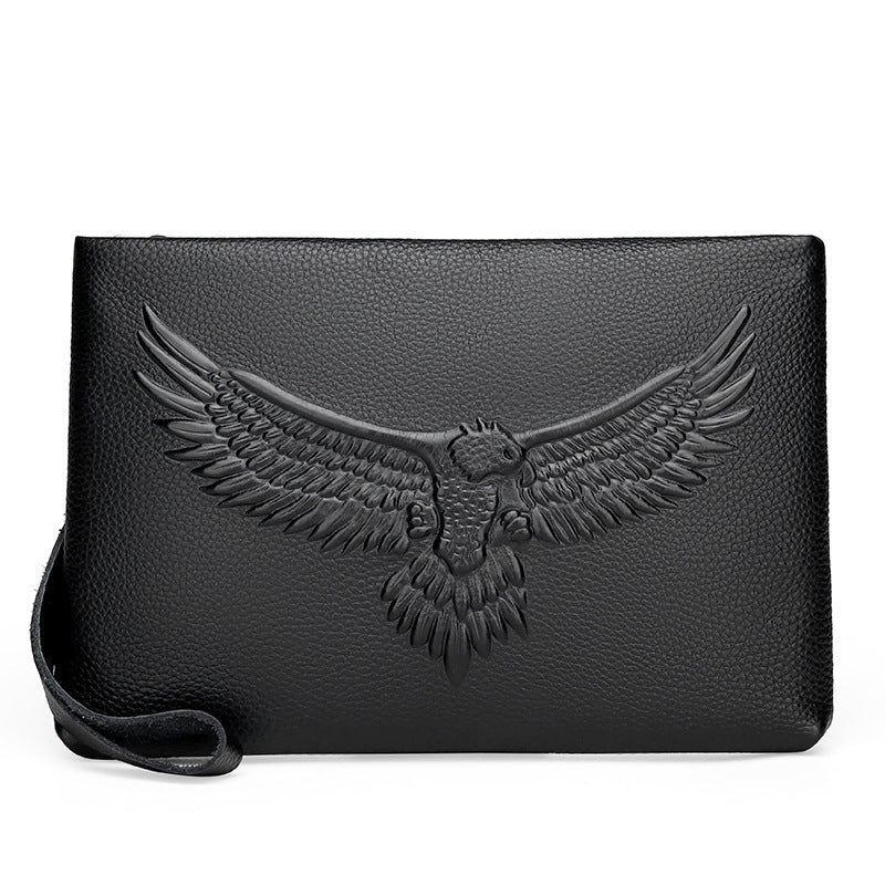 Black envelope clutch bag with embossed eagle wings emblem and wrist strap