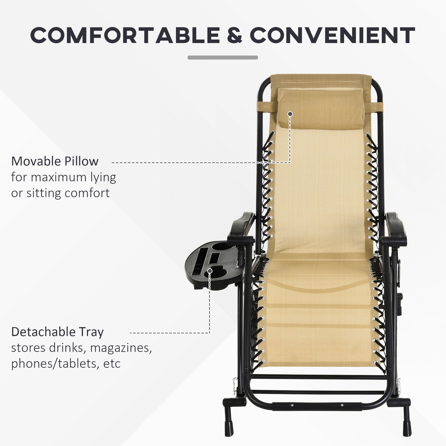 Foldable Zero Gravity Rocking Chair with Cup Holder & Pillow - Beige