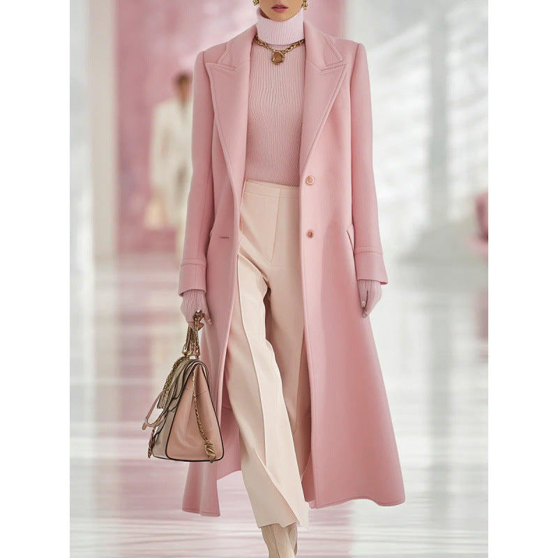 Women’s mid-length wool coat, light pink, long sleeves, button front, side pockets
