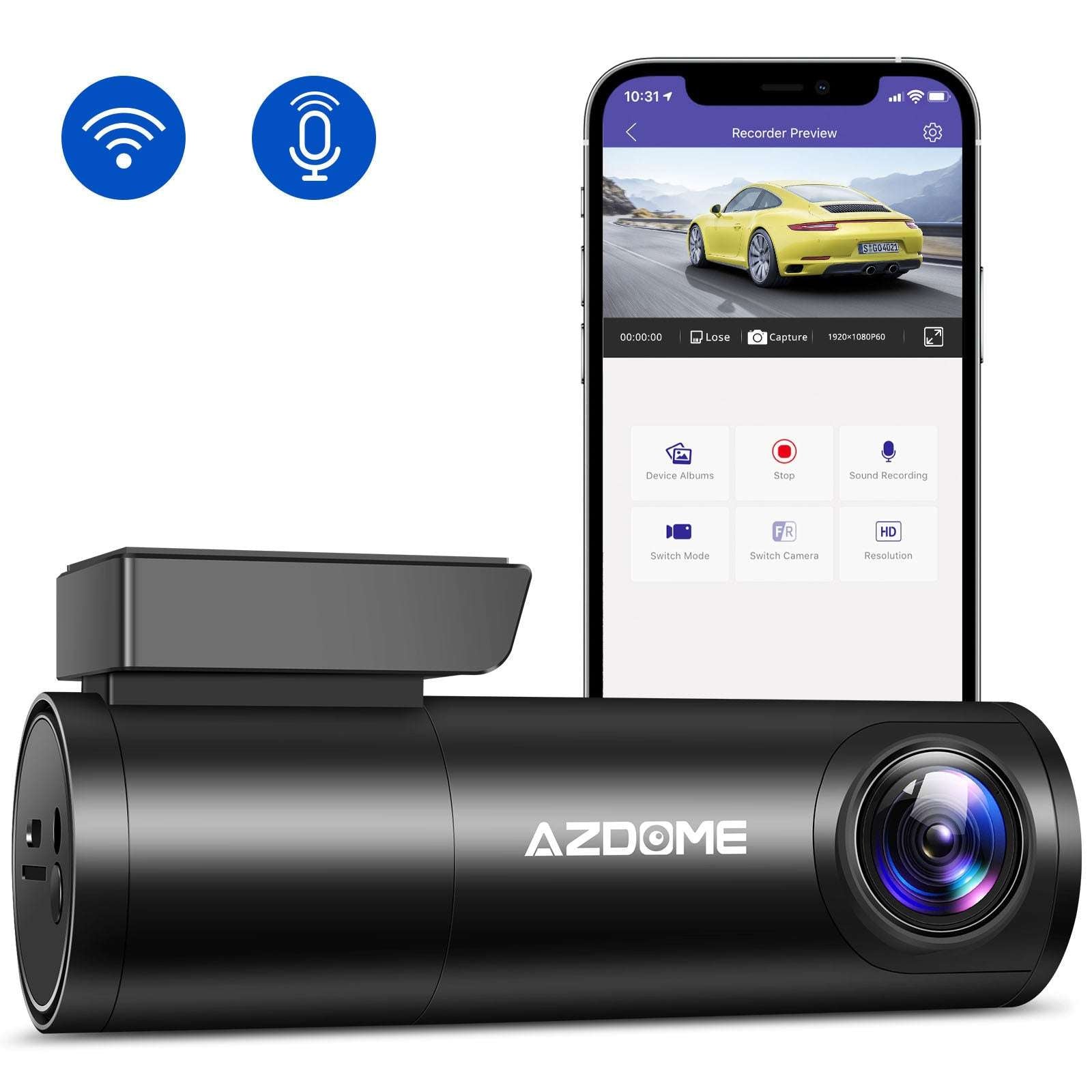 AZDOME car dashboard camera with smartphone displaying app interface on a white background