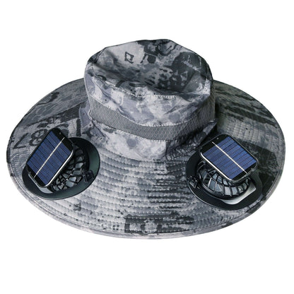 Solar powered sun hat with dual fan vents, camo; wide brim and ventilated panels