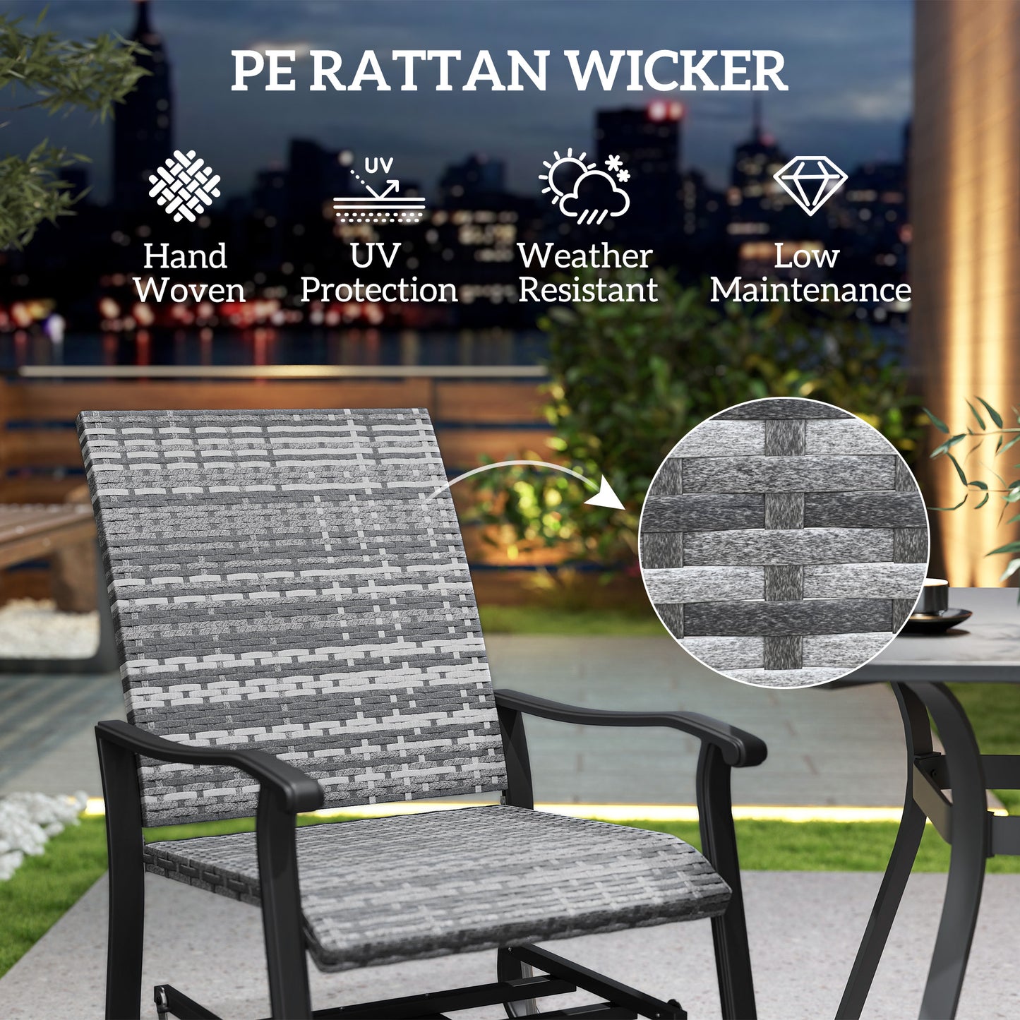 Gray woven wicker high-back patio chair with armrests and curved black rocking base