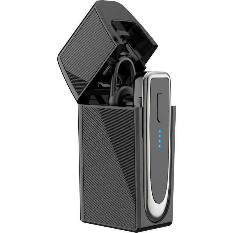 Business wireless Bluetooth headset in black charging dock with silver body and blue indicator