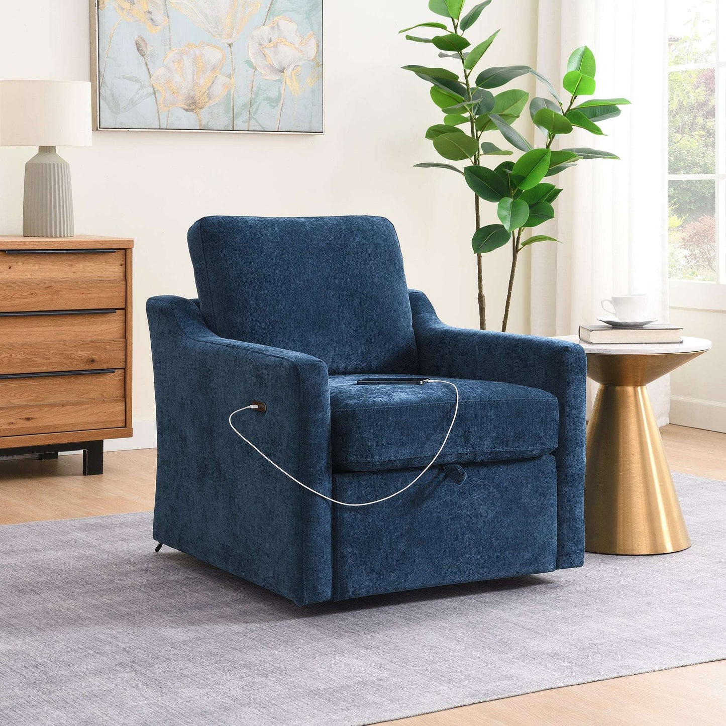 Navy blue chenille accent chair with rounded arms and cushioned seat, angled view