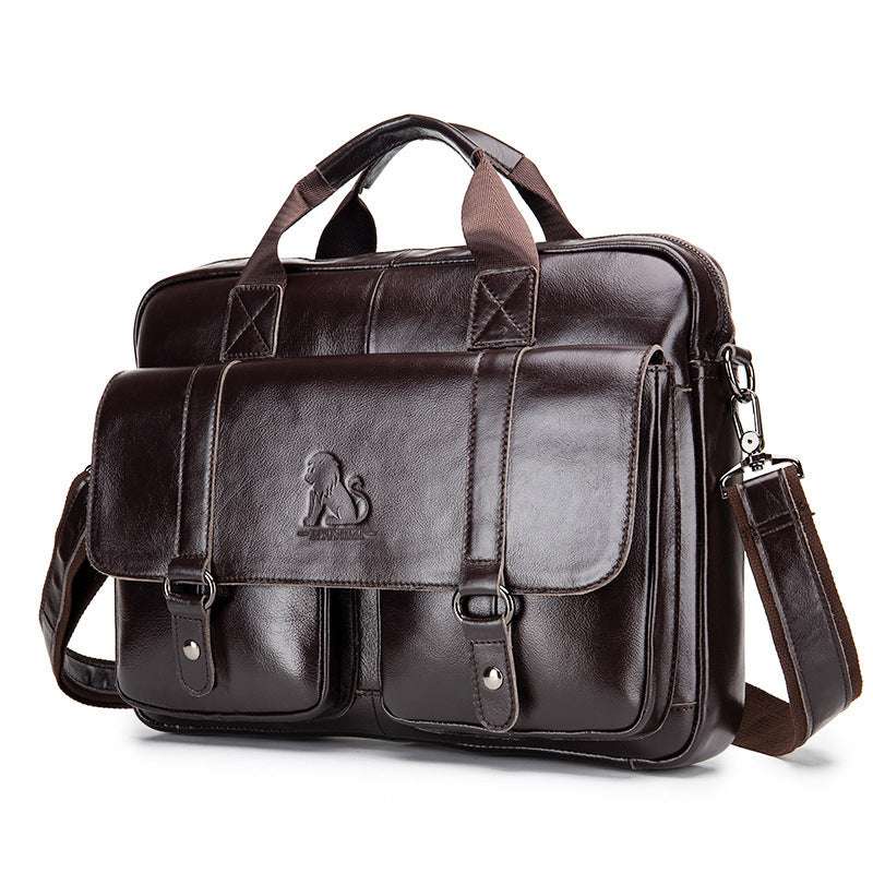 Brown leather business briefcase with front flap, buckle details, and side zipper compartment