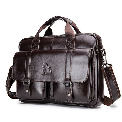 Brown leather business briefcase with front flap, buckle details, and side zipper compartment