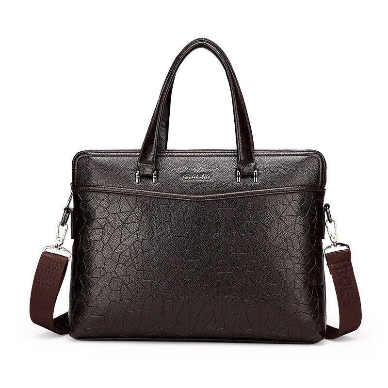 Dark brown leather document briefcase with stone pattern, top handles and shoulder straps