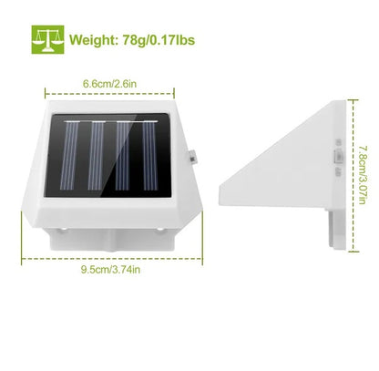 White solar stair light showing dimensions, with solar panel and LED opening