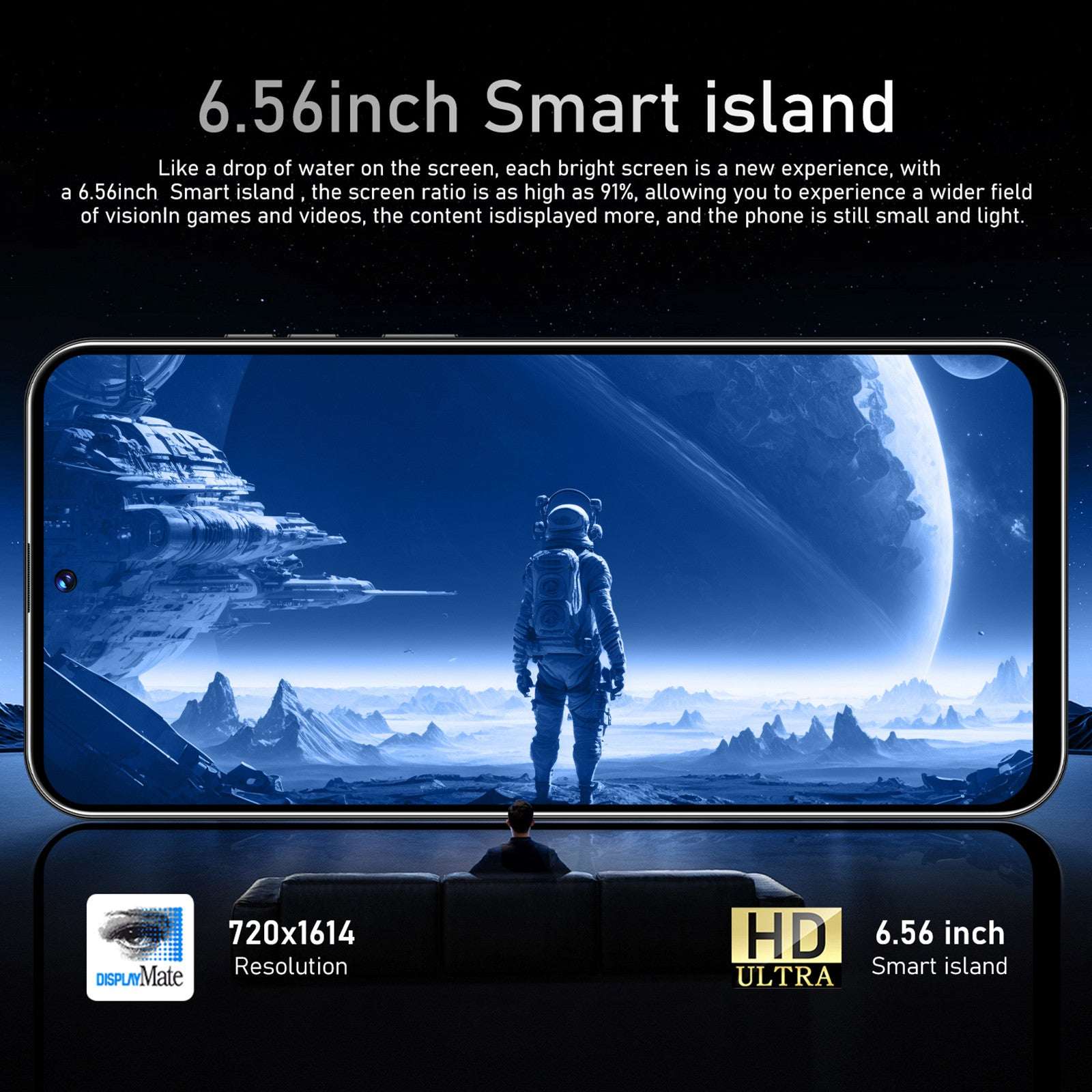 Dual view of smartphone with wide 6.56-inch display and scenic wallpaper