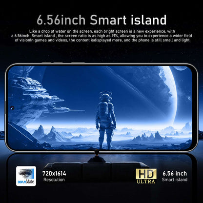 Dual view of smartphone with wide 6.56-inch display and scenic wallpaper