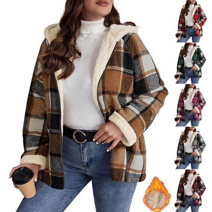 Women's Plaid Fleece-Lined Hooded Coat | Thickened Winter Jacket Plaid Printed Coat Fleece-lined Thickene | Ectron Online