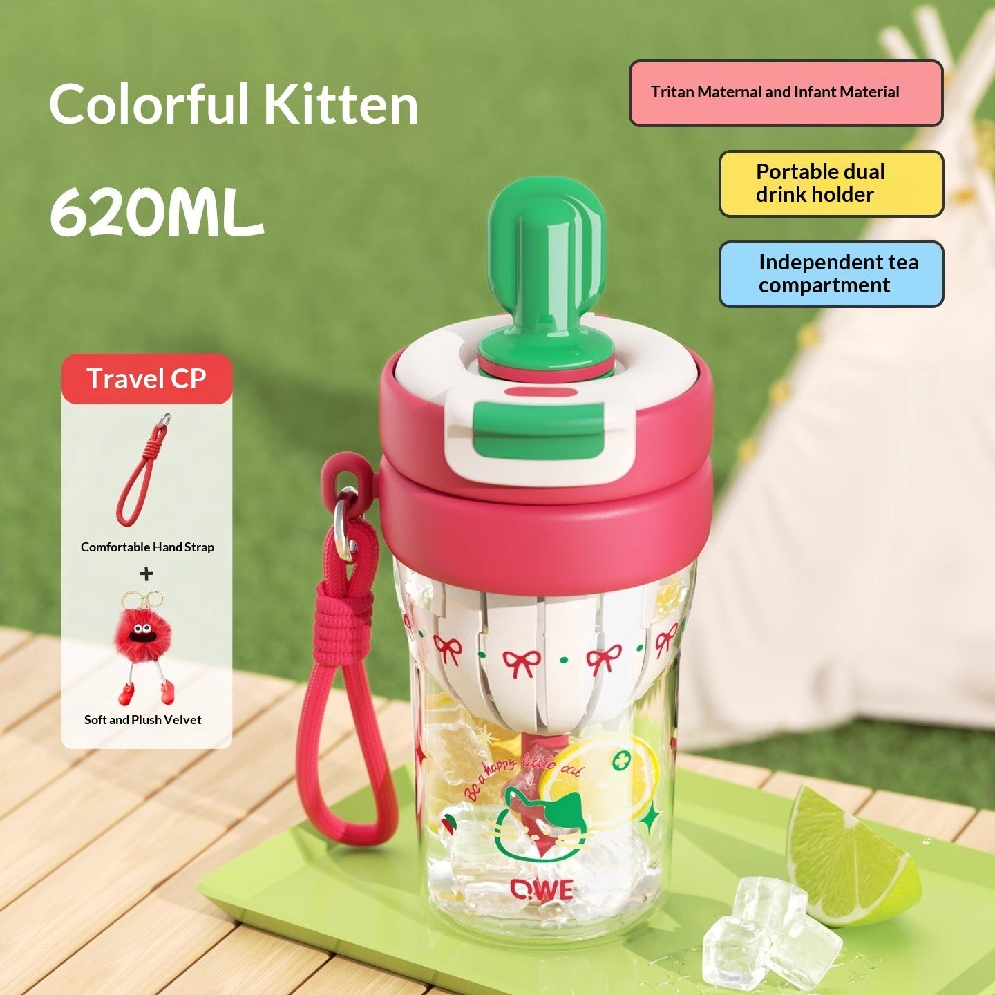 Kids portable drinking cup with straw, clear body, pink top with green straw, kitten pattern