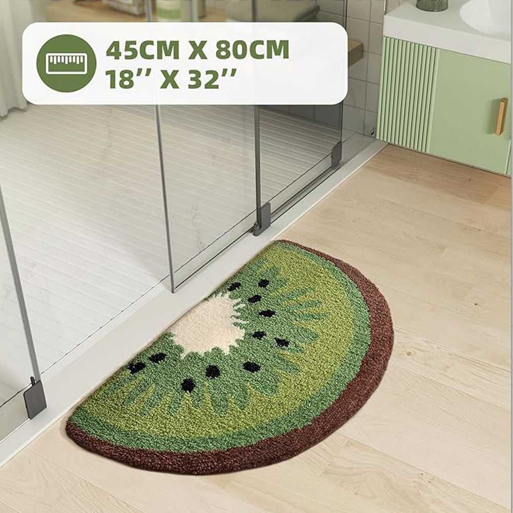 Kiwi fruit bath rug, oval green pile with dark brown edge and black seed pattern